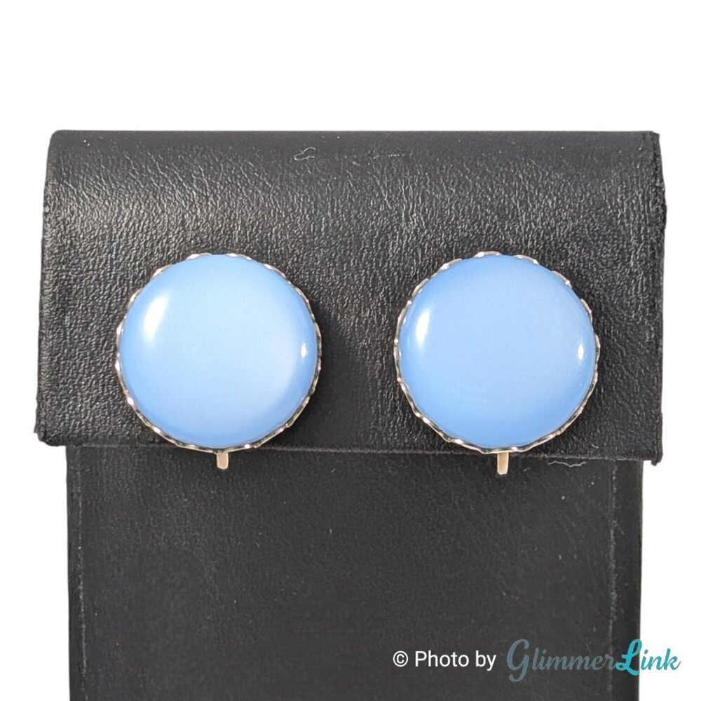 Vintage Blue Moonglow Plastic Cabochon Screw Back Silver Tone Earrings
